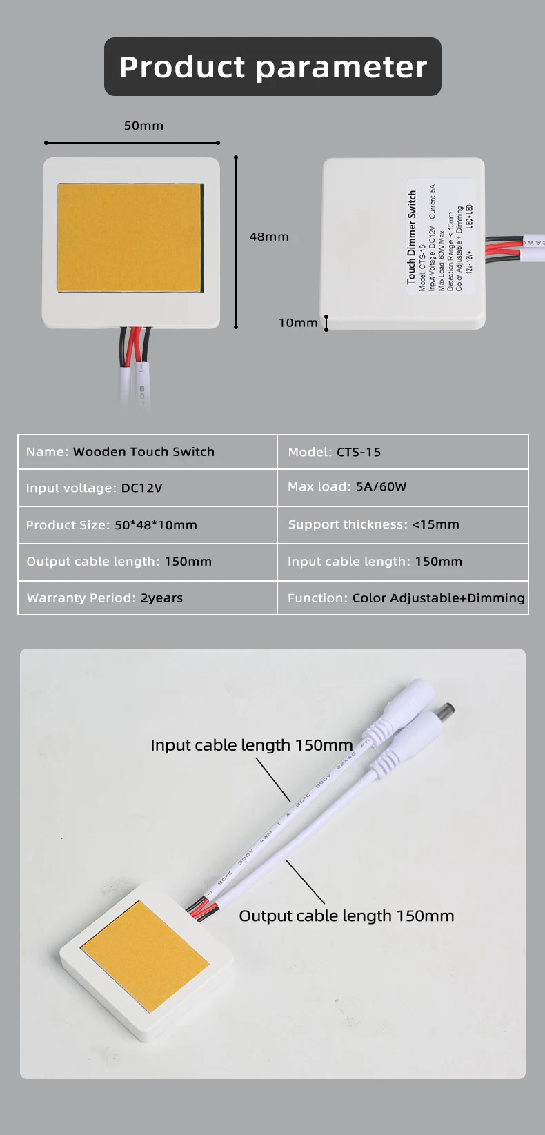 Ultradünner, durch Holz, Marmor, Keramik dringender, berührungsempfindlicher Schalter 12V 5A 60W LED-Touch-Sensor mit stufenloser Dimmfunktion – Detail 3