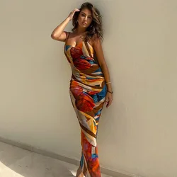 Tie Dye Print Ribbed Midi Dress For Women 2024 Summer Outfits Bodycon Side Slit Y2K Outfits Sexy Streetwear Long Dress