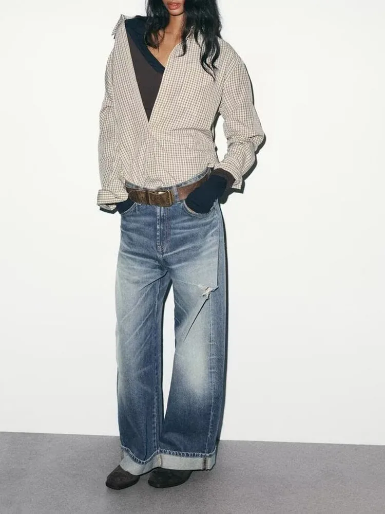 إلي الحلو عارضة فضفاض مكبل هول الدينيم الجينز المرأة شتاء جديد وصول عالية الخصر السراويل الطويلة السراويل