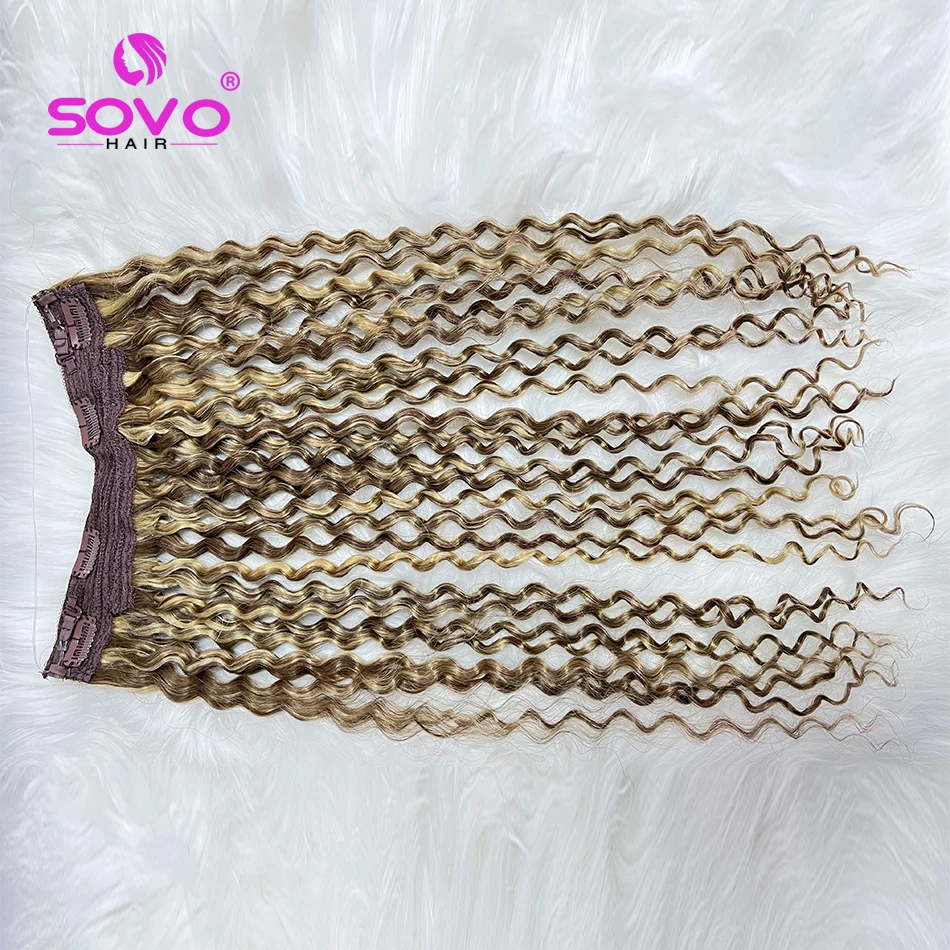 SOVO Invisible Wire Clip Na Extensão Do Cabelo Humano Secreto Peixe Linha Peça De Cabelo Onda De Água Curly Remy Extensão Do Cabelo para As Mulheres