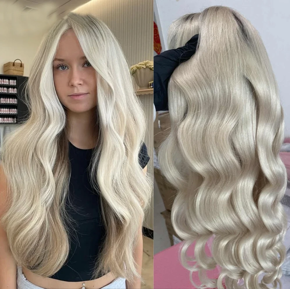 أنيقة البيج شقراء أومبير خصلات الشعر المستعار الإنسان 13x4 الدانتيل الشفاف شعر مستعار أمامي قبل قطعها شعري كريم شقراء اللون الجسم موجة شعر مستعار