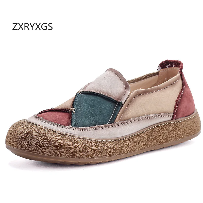 

ZXRYXGS 2025 Splicing Spell Color Genuine Leather Shoes Casual Sneakers Flat Soft Sole Temperament Trend Shoes Woman Sneakers