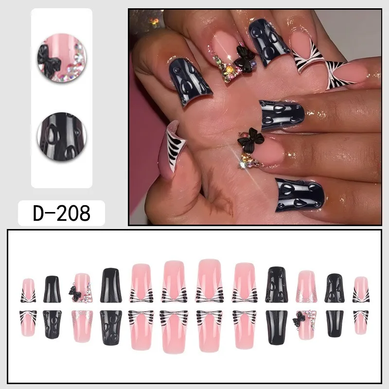 24 Stück schwarz-weiße Streifen, französischer Kunstnagel mit 3D-Bowknot-Diamanten, Entenschnabel-Kunstnägel für Frauen, modisch, tragbar, zum Aufdrücken