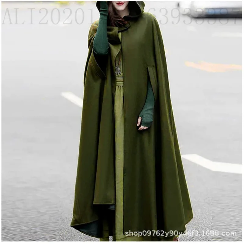 DY20Vintage Medieval Otoño Invierno capa de cosplay Medieval ropa abrigos suelto con capucha botón capa de lana Top señoras Multicolor C