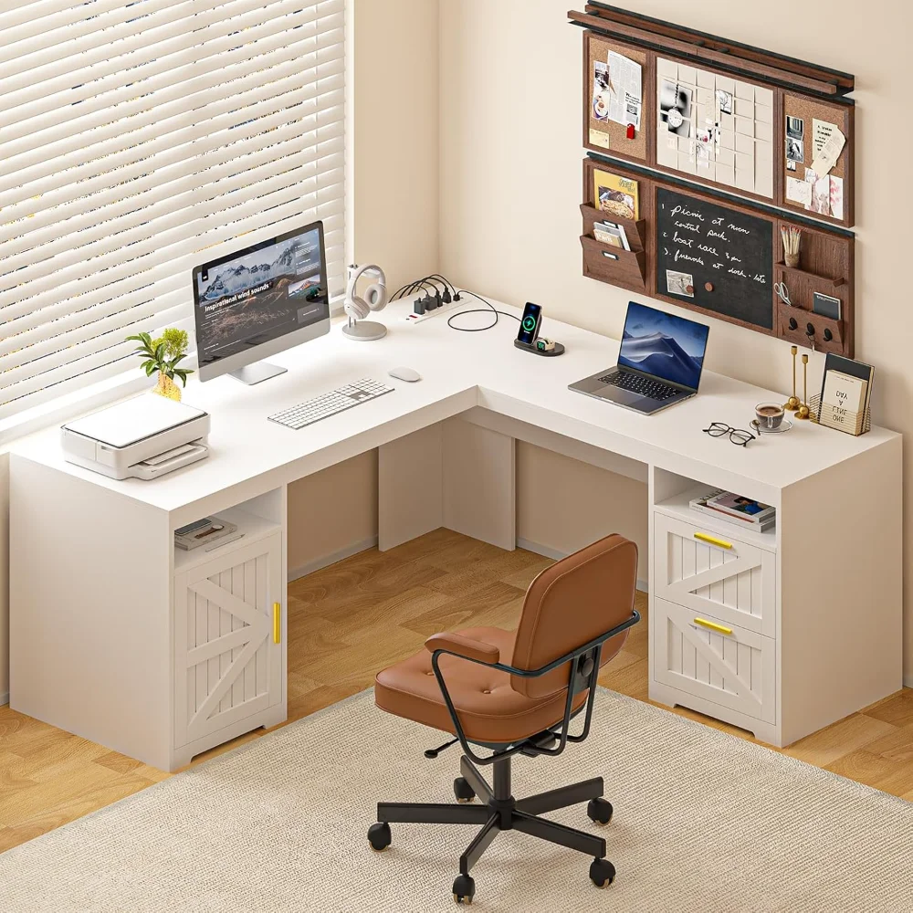 

59" Farmhouse L Shaped Desk with Drawers & Storage Shelf, Corner Computer Desk with Power Outlets for Home Office