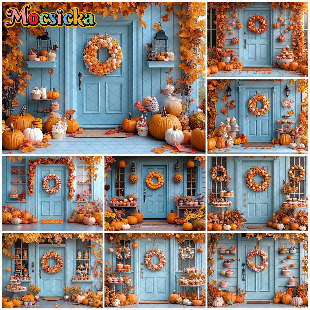 

Mocsicka Autumn Photography Background Fall Pumpkin Harvest Leaf Door Decoration Dessert Birthday Party Photo Backdrop Wallpaper