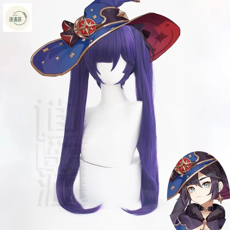 Anime Mona Cosplay Wigs Genshin Impact 80CM Long Purple Heat-resistant Synthetic Hair Halloween Party Mona Cosplay Wigs+wig Cap