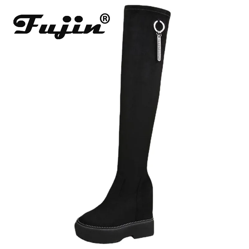 

Fujin 12cm Stretch Fabric Platform Wedge Knitted Boots Autumn Spring Slip on Microfiber Sock Knee High Women Plush Winter Shoes