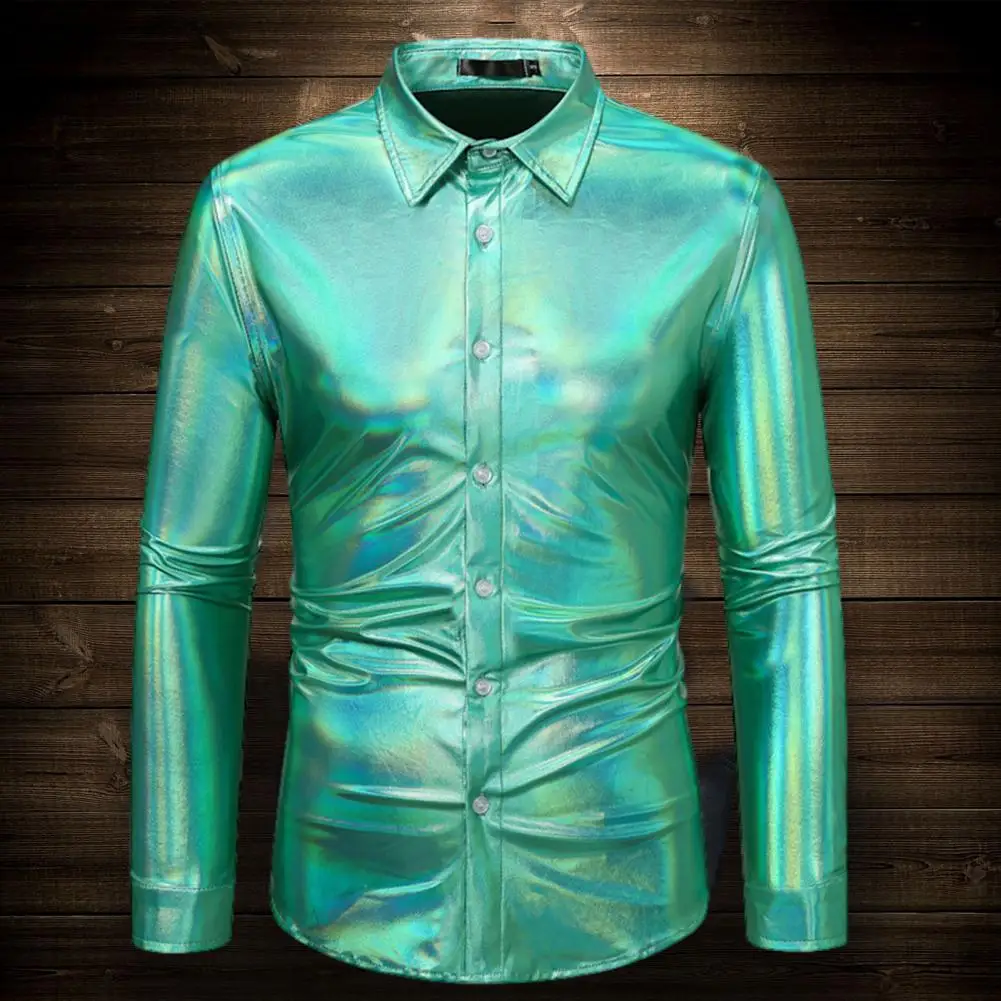 Breathable Glossy Shirt Sequin Disco Shirt for Men Long Sleeve Button Down Party Costume with Shiny Golden Design for Christmas