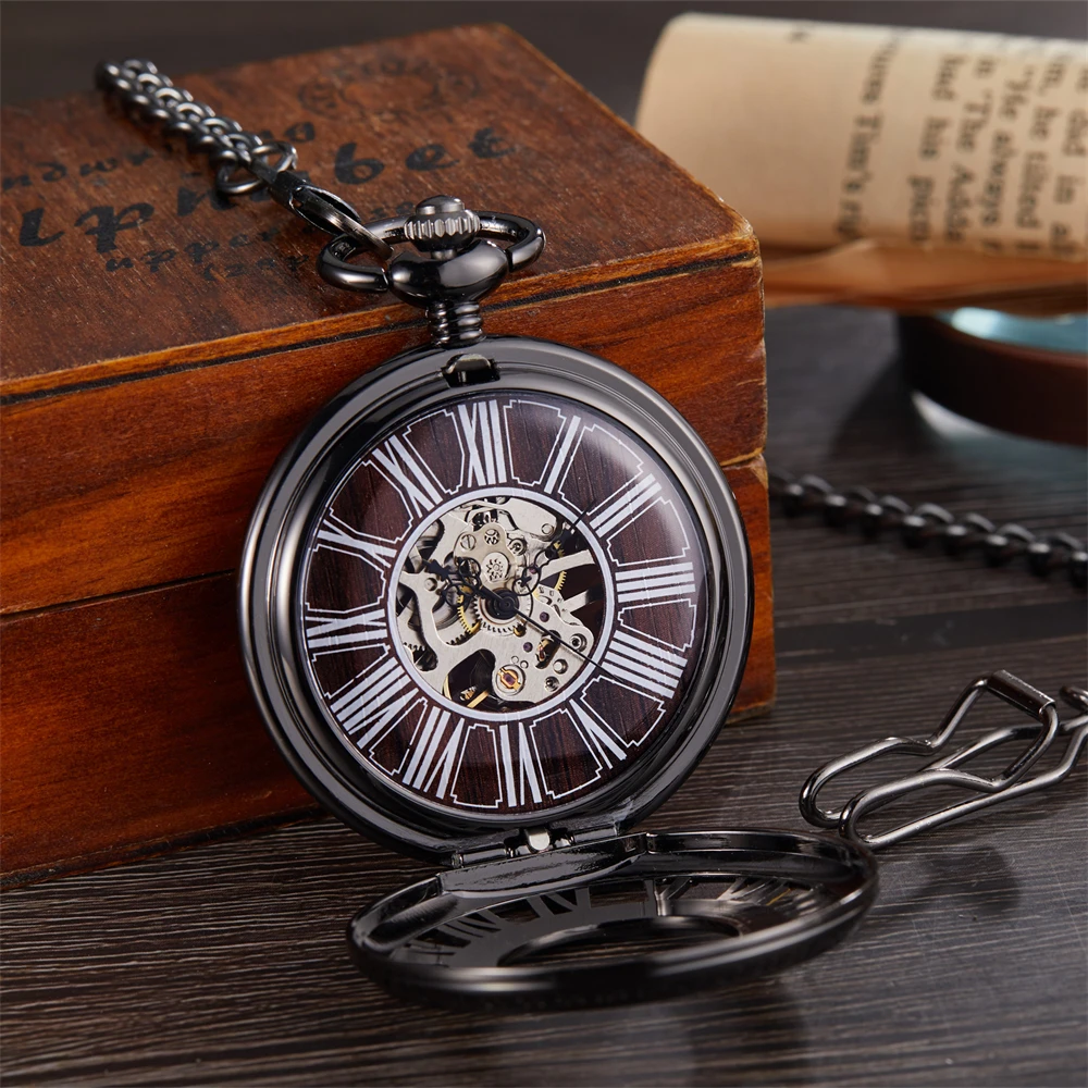 Solid Wood Mechanical Pocket Watch FOB Chain Locket Dial Hollow Steampunk Skeleton Men Women Mens Male Clock Watches Box Package