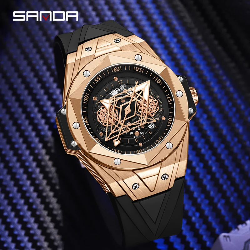 SANDA Designer New Fashion Men Luxury Rose Gold Watch  Rubber Strap Hollow Dial Waterproof Quartz Wristwatch Relógio masculino