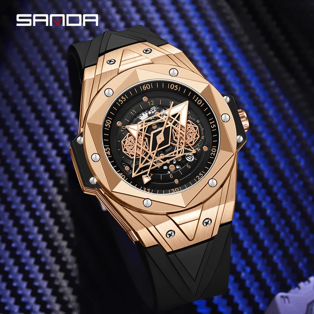 SANDA Designer New Fashion Men Luxury Rose Gold Watch Rubber Strap Hollow Dial Waterproof Quartz Wristwatch Relogio masculino AliExpress 1511