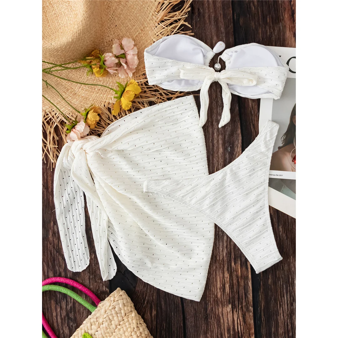 Sexy Bandeau-Bikini mit Sarong, ausgeschnittenes Design, Damen-Badeanzug, dreiteiliges Bikini-Set, Badebekleidung, Badeanzug, Modell V5583. – Detail 20