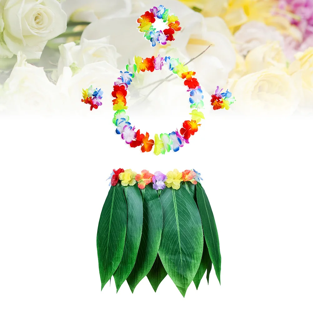 5 قطعة هاواي العشب تنورة مجموعة قابل للتعديل مطاطا حزام مشرق رسمت القماش الزهور الاستوائية حفلة حولا الرقص Luau الشاطئ #4