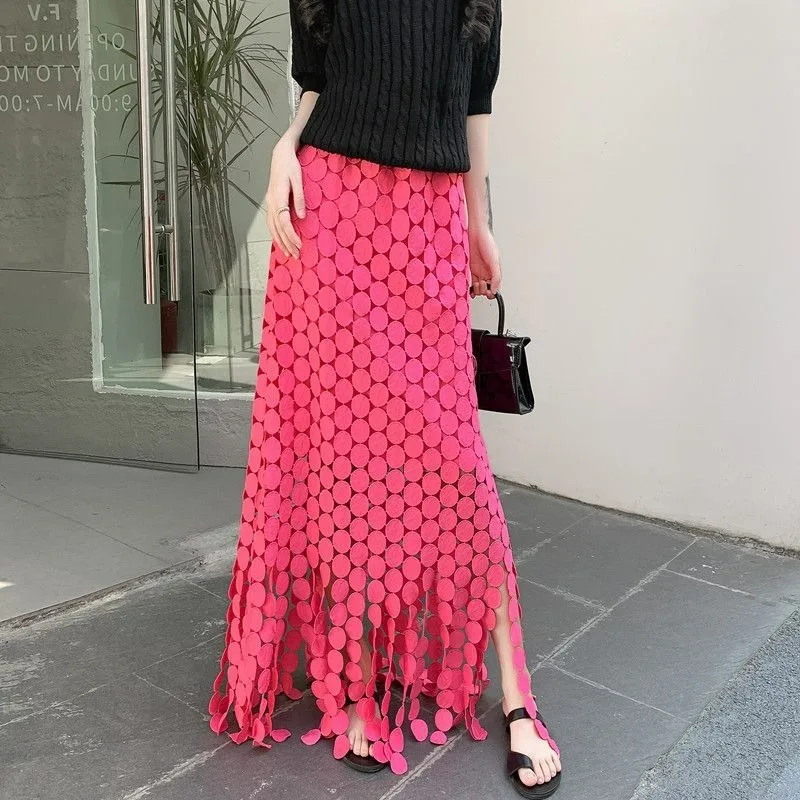 Gonna dritta media lunga a pois sottili a vita alta nuova estate 2025 da donna in tinta unita con frange scavate stile vacanza