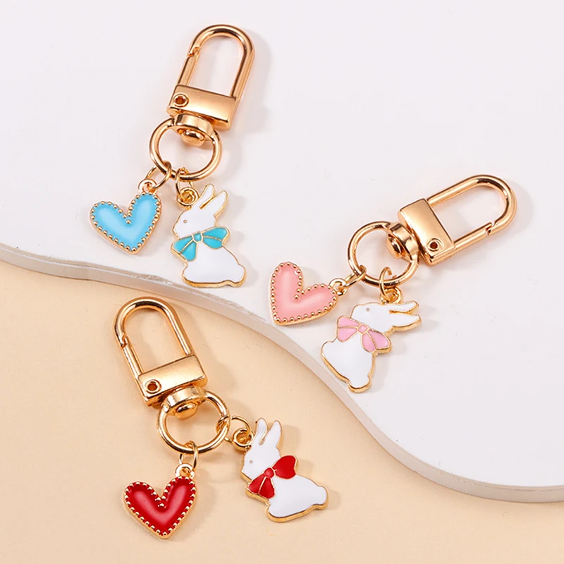 Kawaii Enamel Rabbit Heart Keychain Women Girls Cute Bunny Animal Key Holder For Bags Earphone Box Car Key Accessories Jewelry