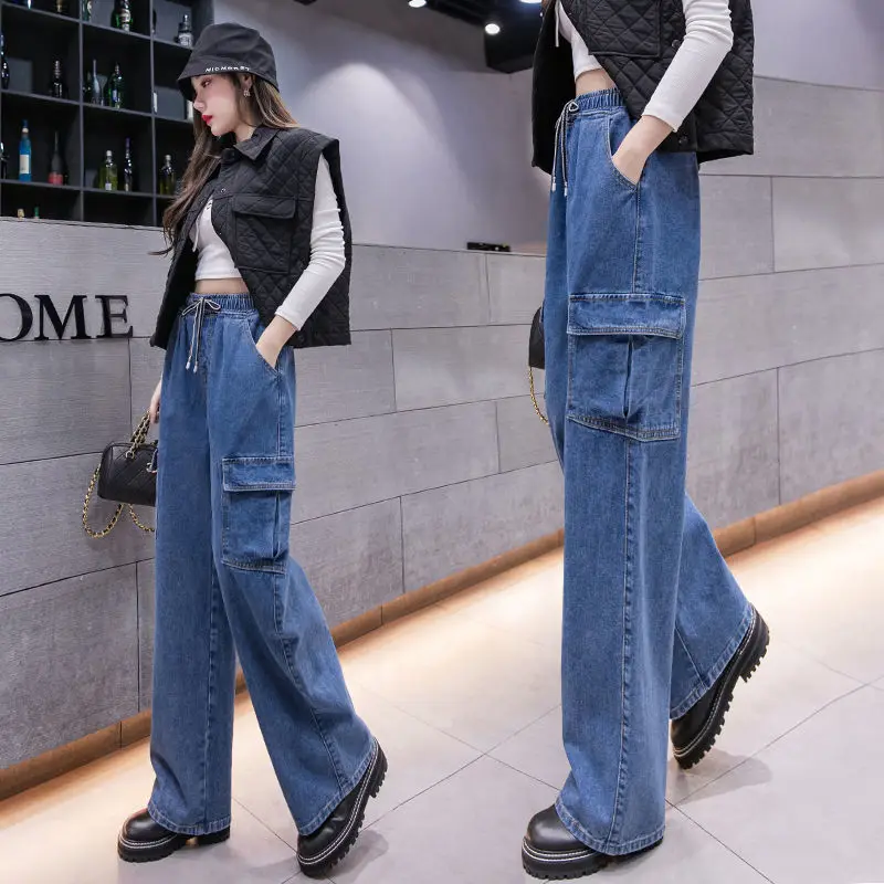 

Cargo Pants Women Jeans Streetwear Women Wide Leg Pant Girls Jeans High Waist Straight Leg Denim Trouser 2024 Casual L115