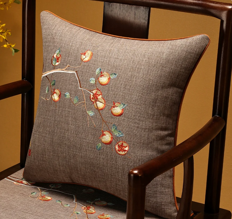 Chinese Embroidery Throw Pillow Cover Linen Decorative Cushion Cover for Living Room Sofa Solid Wood Chair Home Decor 45x45cm