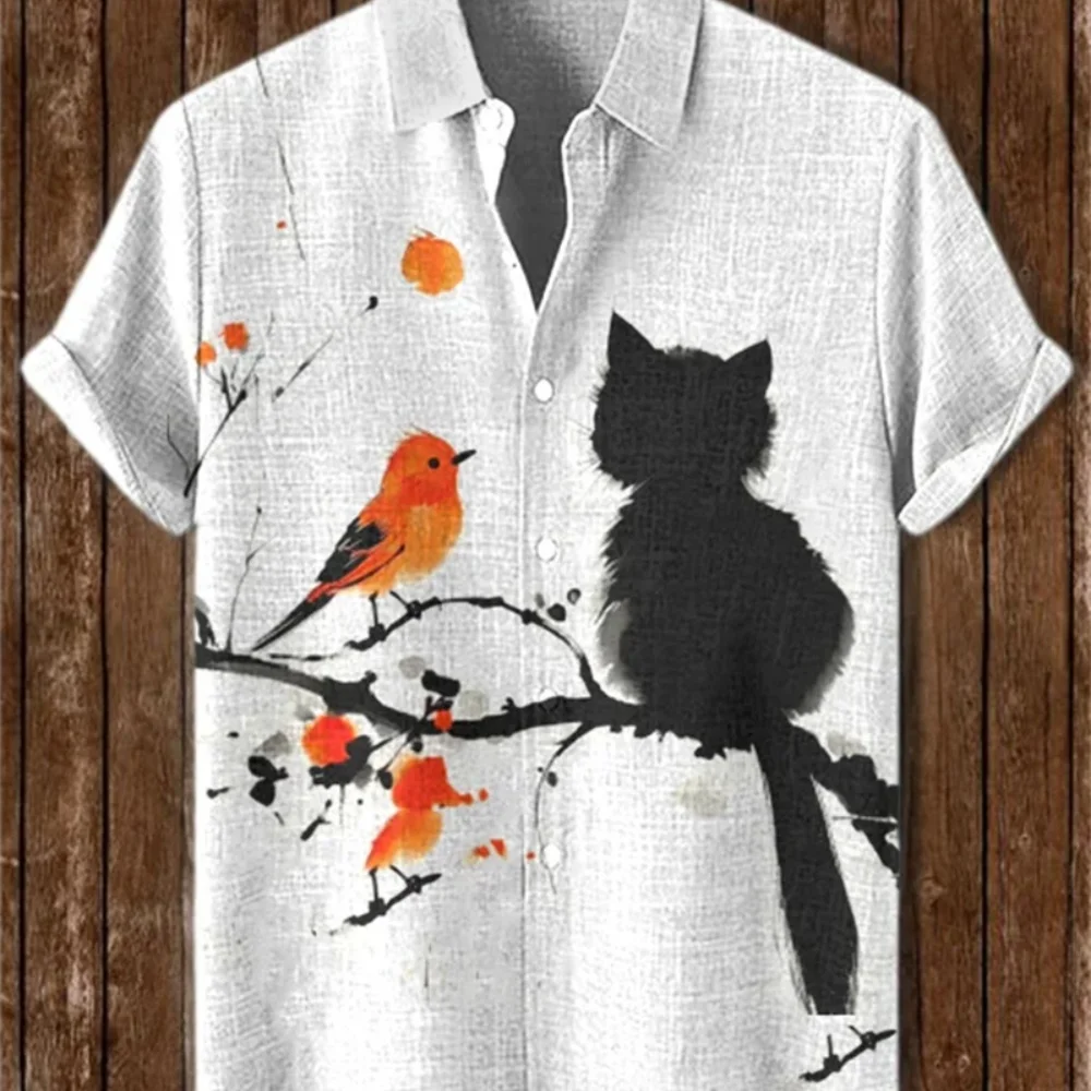 

Men's Retro Cat Print Collar Short Sleeve Shirt High-Quality Linen Fashionable Hawaii Beach Street Casual Breathable Clothing
