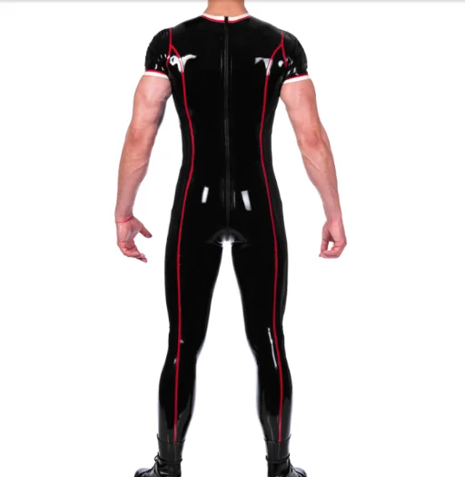 Black Latex Catsuit Rubber Bodysuit One-piece Racing Suit with Red Trim for Men Back Crotch Zipper