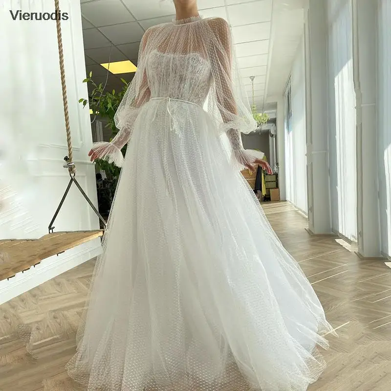 

Ivory Puff Long Sleeves Prom Dresses High Neck Illusion Celebrate Dress A-Line Draped Dot net Arab Evening Dress With Belt