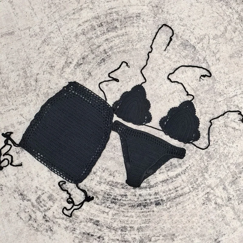 ファッション水着 レディース 3点セット ニット 三角ビキニ ホローアウト レースアップ スカート カバーアップ 2025 新作 セクシー ビキニ 水着