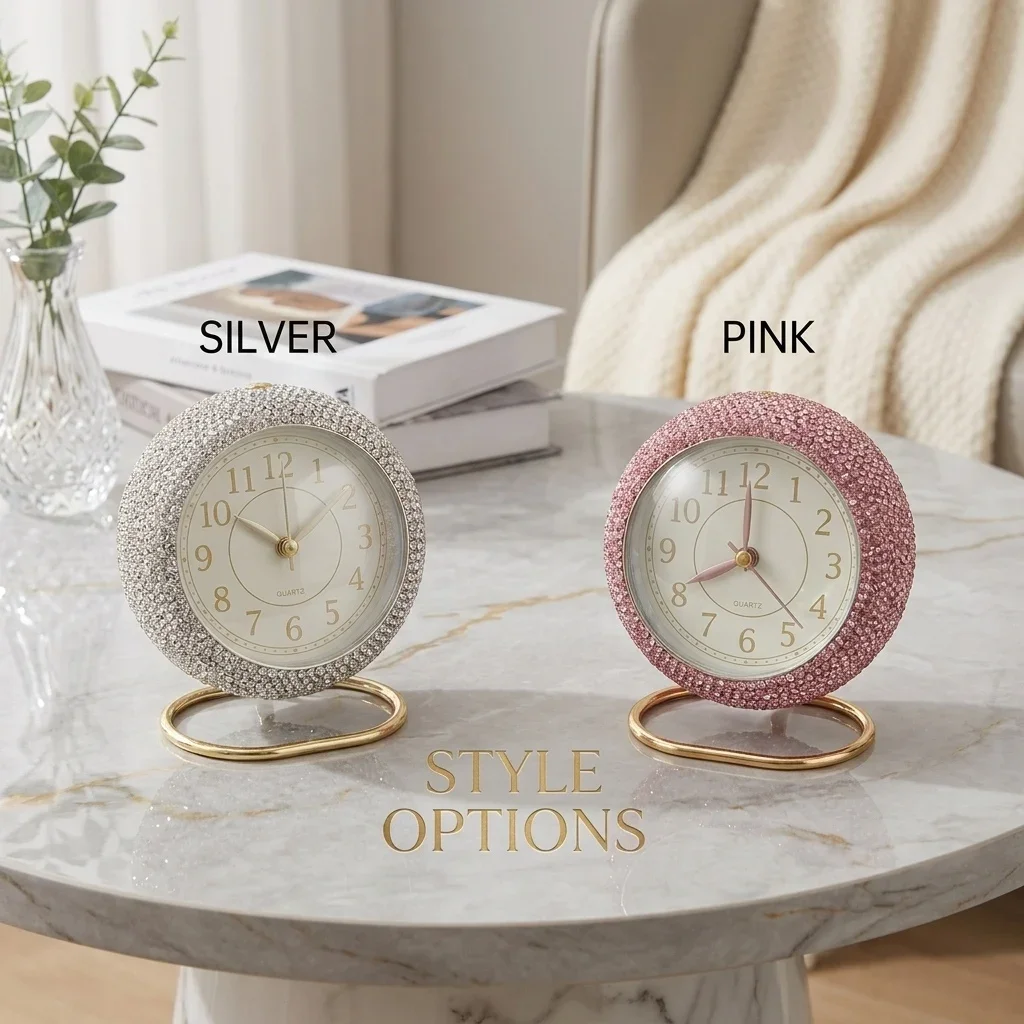 Sparkling Diamond Luxury Alarm Clock Metal Rack Night Light Desk Bedside Ornament Tabletop Electronic Timepiece