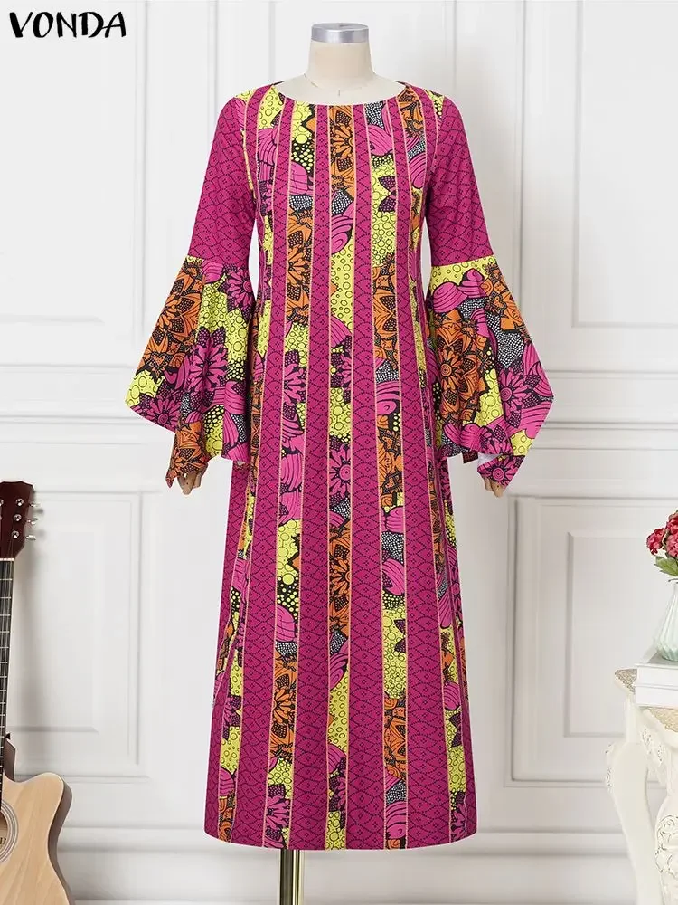 Frauen Kleider VONDA Plus Größe Vintage Print 2025, Lange Flare Hülse Böhmischen Maxi Robe Casual Lose Herbst Party Lange Vestido 5XL