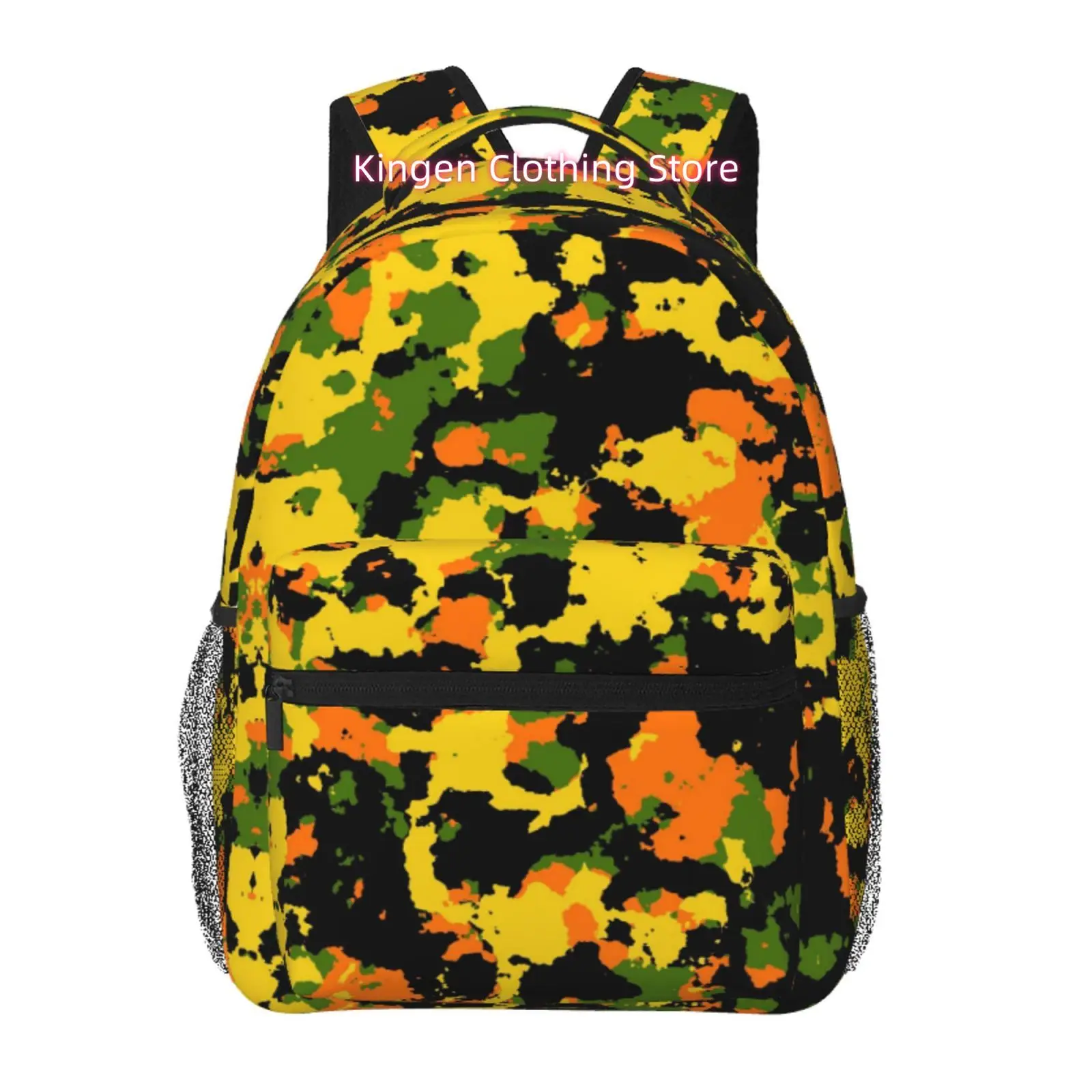 Orange Green Camouflage Print Backpack, Oxford Cloth Adjustable Strap Casual Daypack, for Casual Outings, Daily Commute, Weekend