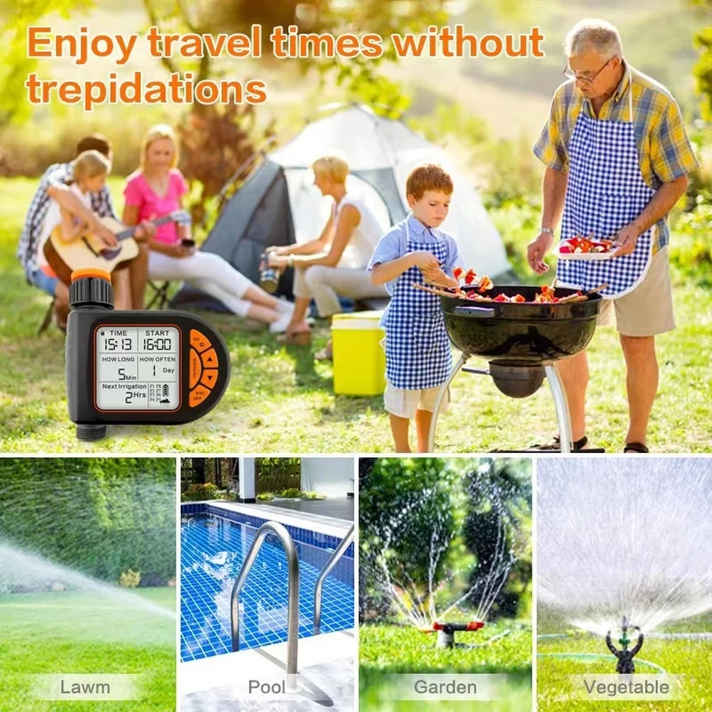 Watering Timer Controller with Rain Sensor and Manual Mode Large LCD Display for Outdoor Plant Care 13x13.5x5.5cm