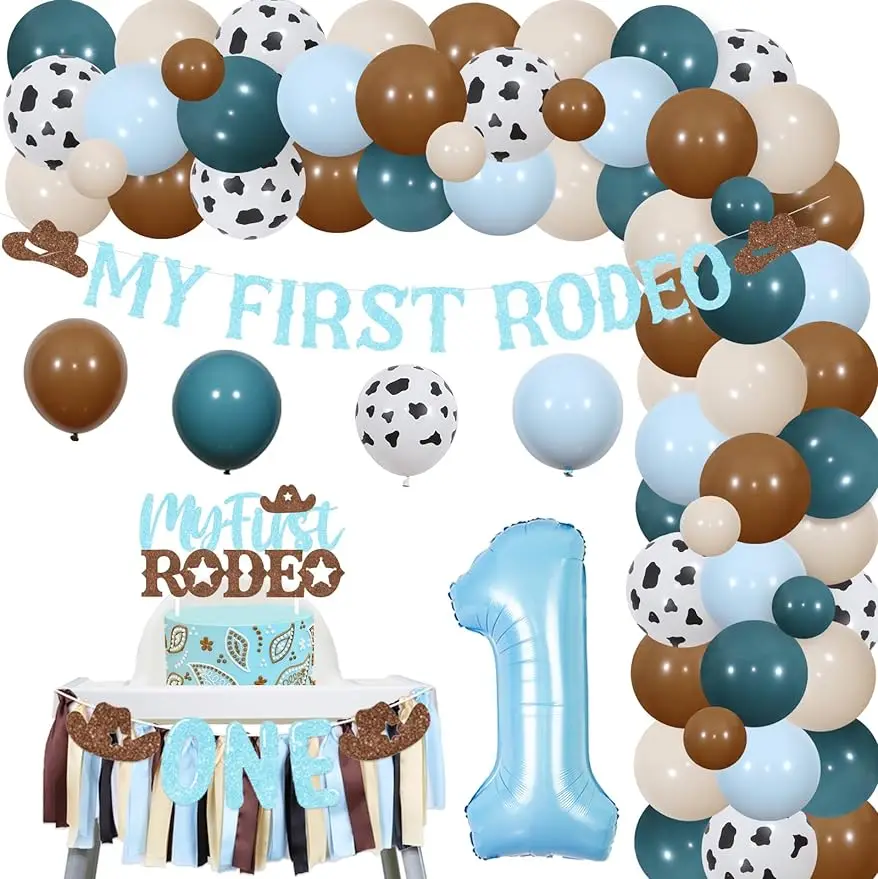 

FANGLELAND Cowboy 1st Birthday Decorations for Boys,Balloon Garland Arch Kit Banner Cake Topper High Chair Banner Party Supplies