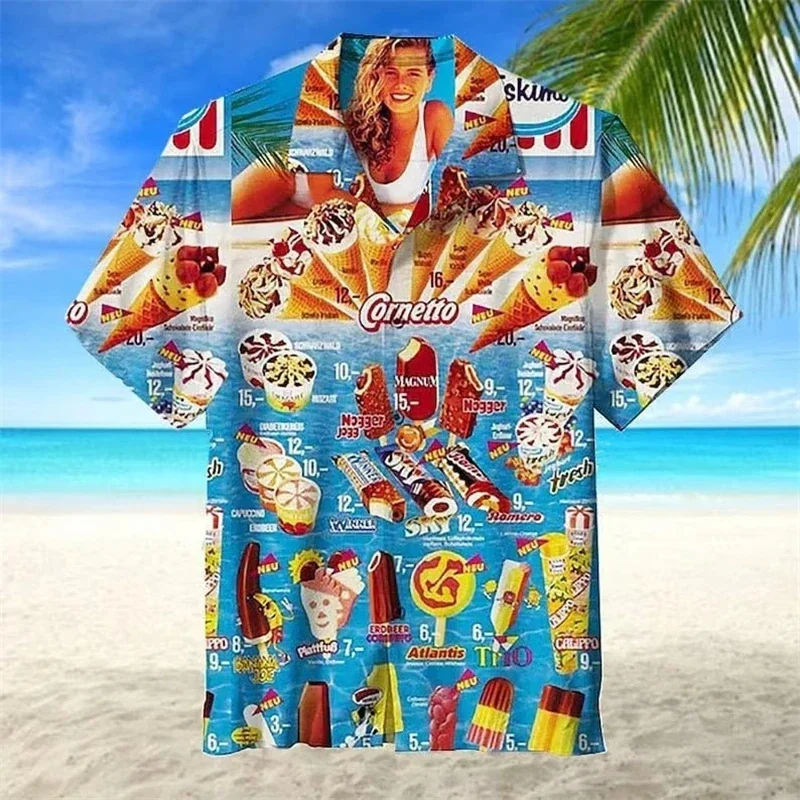 Camisa havaiana masculina com gráfico de sorvete, picolé frio, blusa impressa 3D, camisas Aloha praia manga curta verão, tops de lapela