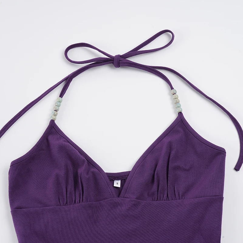 SUCHCUTE Sexy tief ausgeschnittenes Neckholder-Top mit Perlen für Damen, Basic, ärmellos, schmal geschnittenes Tanktop, Y2k-Mode, Cami-Top, Sommerkleidung, lässig – Detail 6