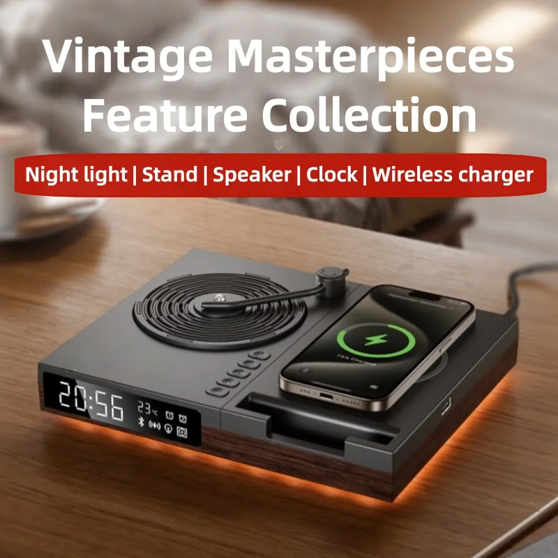 

Hifi Speaker Bluetooth 5.1 Stereo Retro Wireless Speaker Desktop Alarm Clock Vintage Vinyl Record Shape Support Lighting Clock
