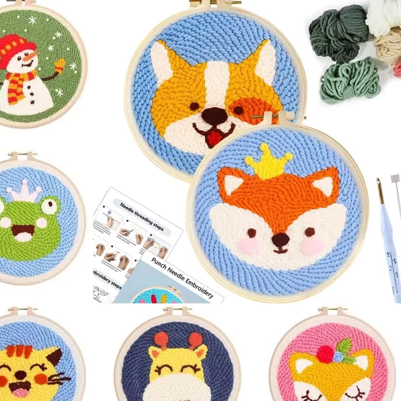 

Animal Punch Needle Poke Embroidery Set Starter Kitspoke yarn needle painting Funny Needlework Wool for beginners decoration