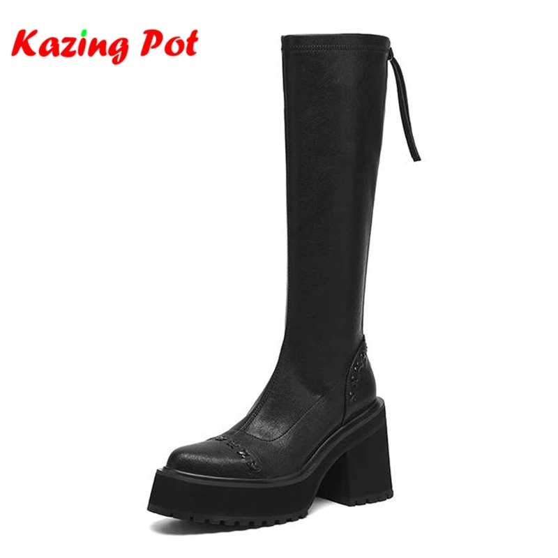 

Krazing Pot Cow Split Skin Round Toe Thick Bottom Platform Modern Boots Waterproof Super High Heels Punk Design Thigh High Boots