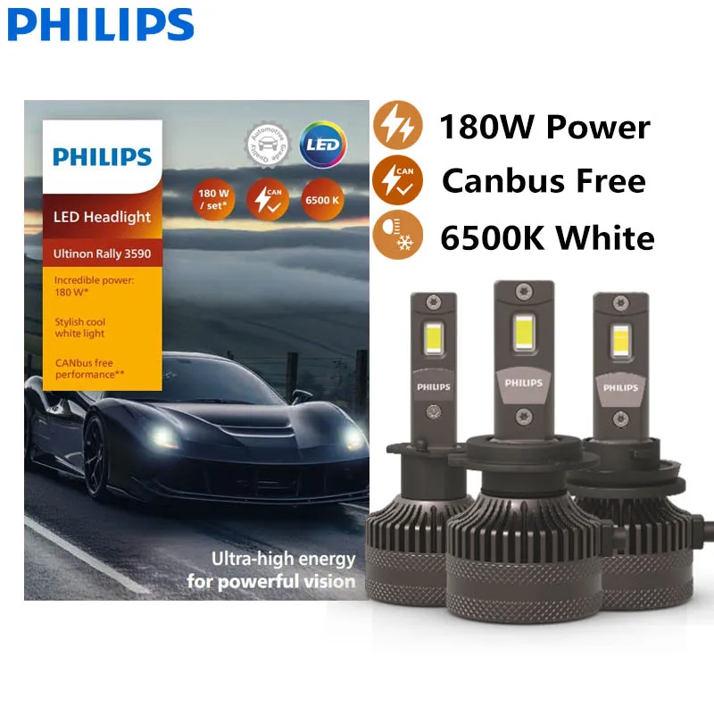PHILIPS H1 H4 H7 H11 HB3 HB4 HIR2 Ultinon Rally 3590 LED 180W Power Max  Lumen 6500K White Bright Car Headlight LED Bulbs 1 Pair