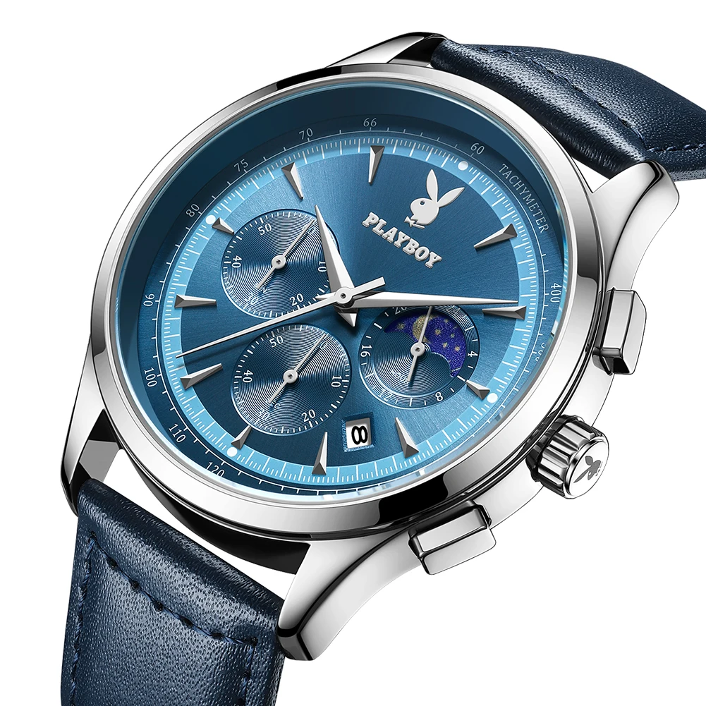 PLAYBOY 3118 Exklusive Quarzuhr mit Lederarmband Klassischer Chronograph Modische Sportuhr für Herren mit Automatischem Datum Wasserdichte Uhr für Männer