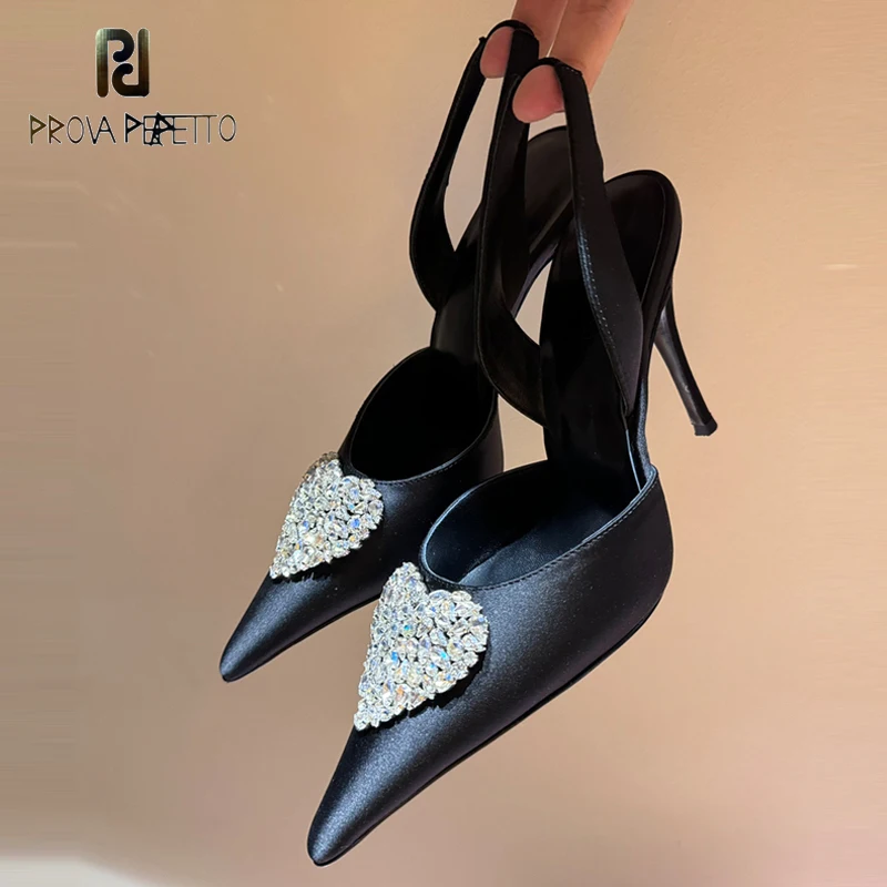

Exquisite Ladies Single Shoe Slingback Pointed Toe Rhinestone Heart Buckle Decor Luxury Party Wedding Sapatos Mujer Thin Heels