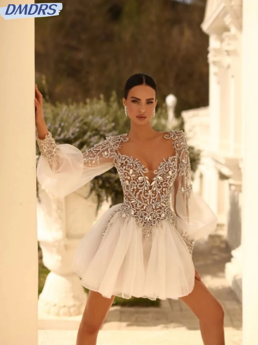 

Romantic Sweetheart Neck Bride Robe Sparkly Crystal Long Sleeve Bridal Gown Sexy Mini A-line Wedding Dress Robe De Mariée