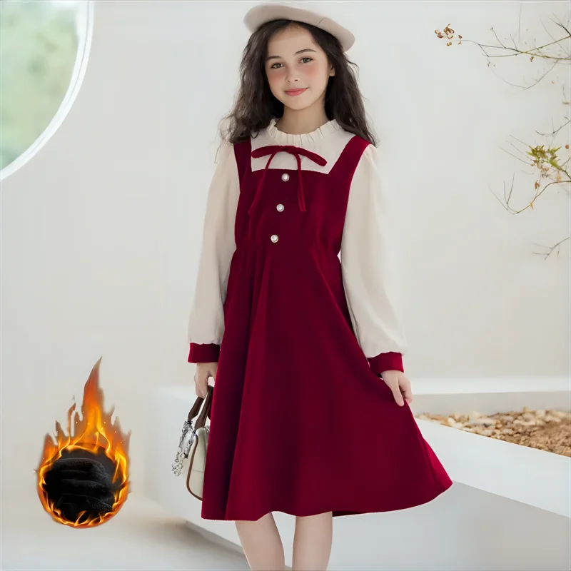 

Girls Winter Dress Fake Two-piece Fleece Thick Student Corduroy Princess Dresses Autumn Teenage Children Clothes Long-sleeved