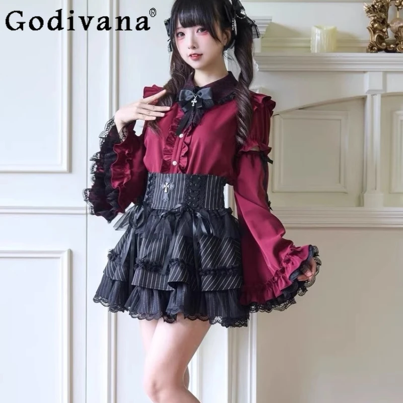 قميص لوليتا قوطي منتج كبير للنساء على الطراز الياباني بلوزات دانتيل يومية بأكمام طويلة قميص حلو