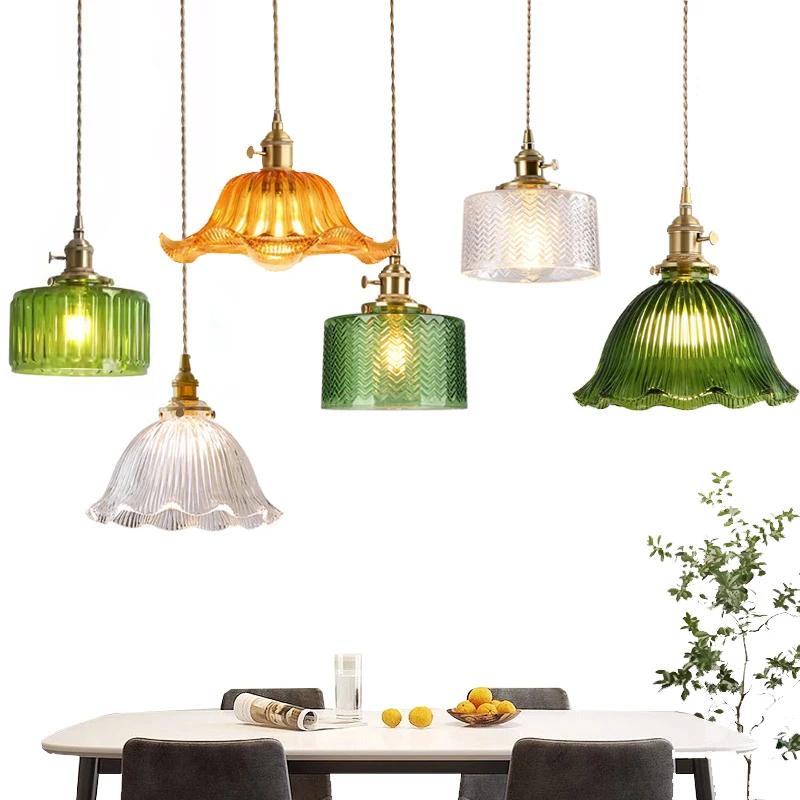 Suspension Light Green Glass Chandelier E27 Restaurant Stripe Pendant Light For Dining Room Kitchen Cafe Bedside Hanging Lamp