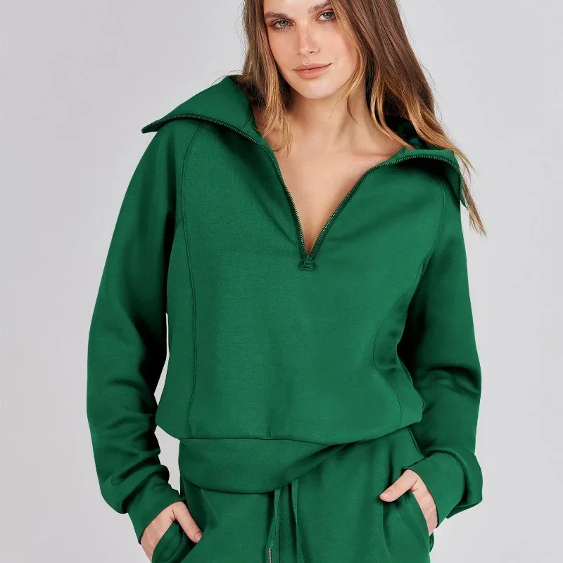 

New Zipper Collar Sweatshirt Leisure Solid Color Pockets Splicing Drawstring Wide-leg Pants Suit Womens Autumn and Winter