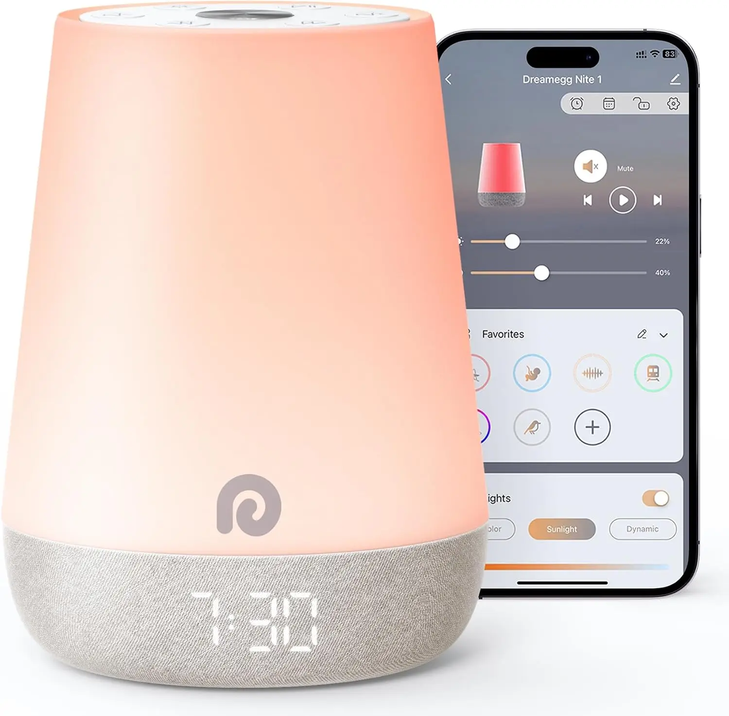 

White Noise Machine with Night Light & App Control - 34 Soothing Sounds, Sleep Trainer, Alarm Clock for Baby Nursery
