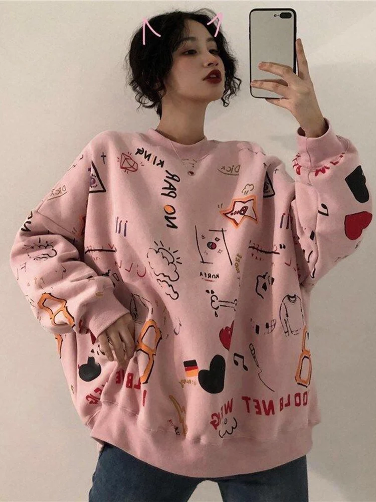 Zoki Cute Harajuku Bf Sweatshirts Casual Kawaii Oversize Loose Tops Women Korean Preppy Style Long Sleeve O Neck Retro Pullover