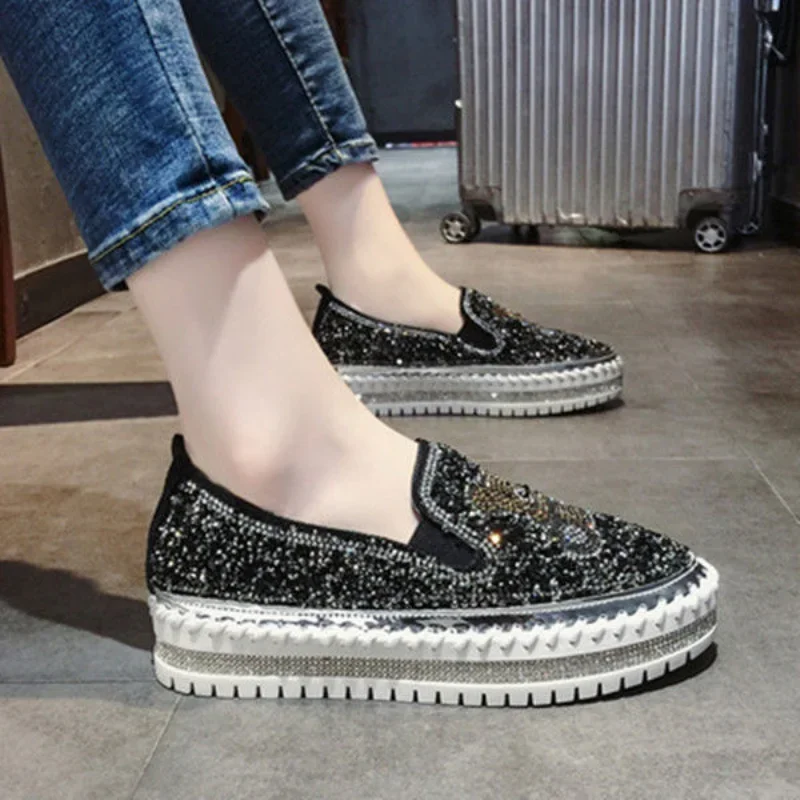 Diamond Rhinestone Loafers with Crystals Ladies Shoes High on Platform Low Slip Women Footwear Bow Canvas 39 Cotton Trends 2024