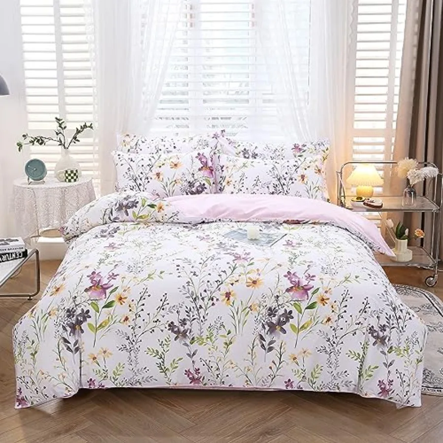 

Floral Duvet Cover Set Queen Size 3-Pieces 100% Cotton Wildflowers Comforter Cover Chic Garden Flowers Bedding Set Soft Breatha
