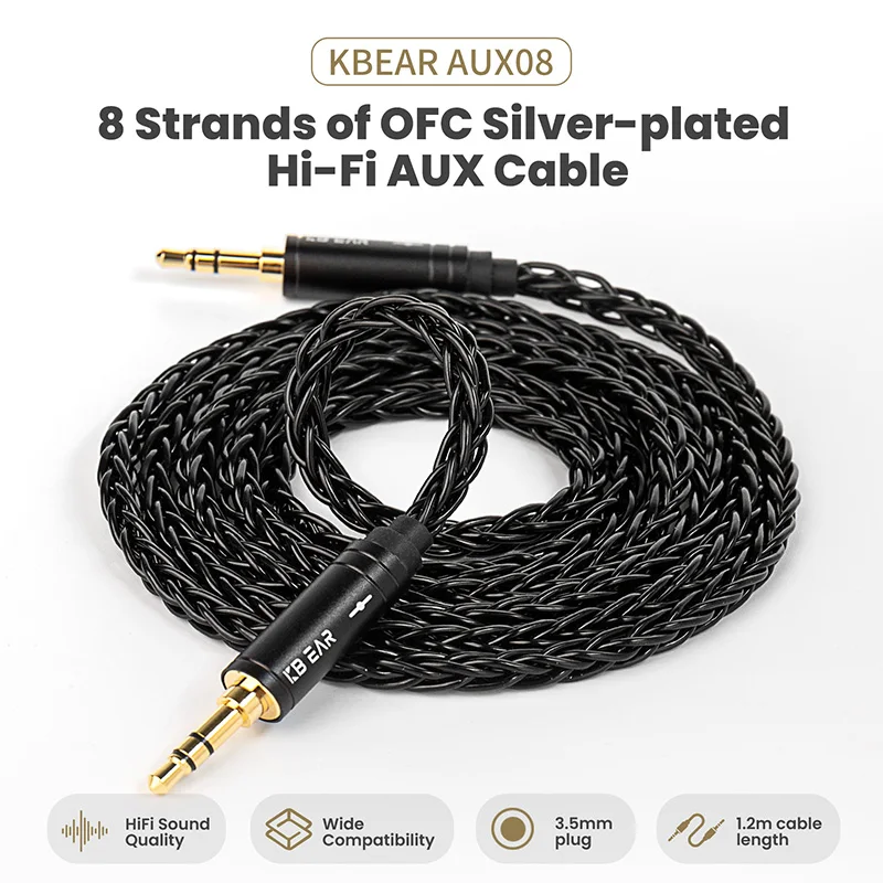 KBEAR 8 Core Silver-Plated HI-FI AUX08 Cable 3.5mm Jack Male to Male Audio Aux Cable For Phone Car Headphone Audio MP3 TV Laptop