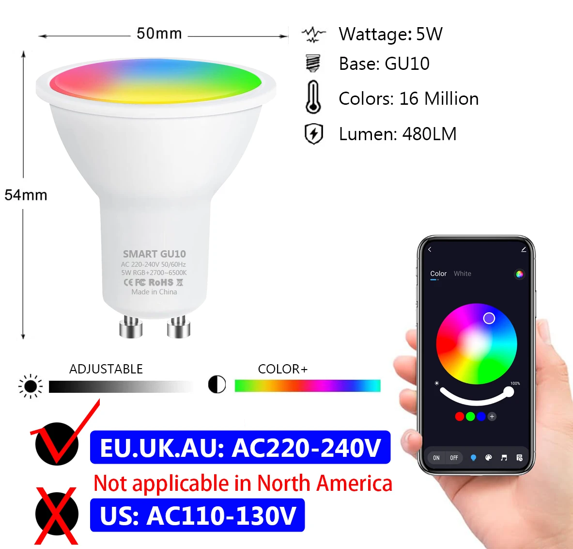 Tuya GU10 Lamp APP Control Smart Bulb WIFI Bluetooth RGB 220V LED Light Bulbs 5W Dimmable Smart Life For Room Home Group